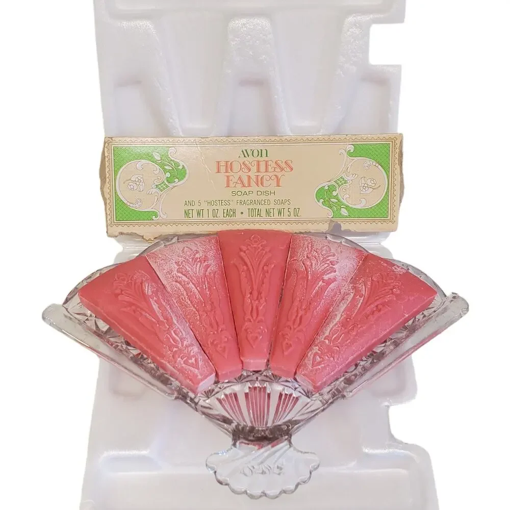 Vintage Avon Hostess Fancy Fan Soap Dish 5 Hostess Fragranced Soaps Glass Dish